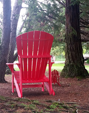photograph of a giant-sized red Adirondack chair beside a smaller, normal sized chair amongst redwood trees